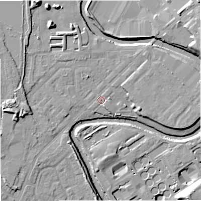 Shaded relief map of the ground around M262GF, computed from Environment Agency LiDAR. The ground here sits at about 66 m above sea level and falls 14 m across the surrounding 800 m. Surface water reaching this point runs off ground lying to the north-north-west, 2.1 m higher.