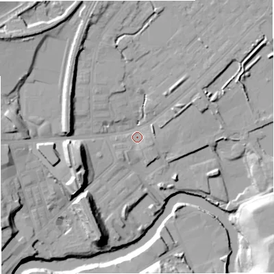 Shaded relief map of the ground around M262GG, computed from Environment Agency LiDAR. The ground here sits at about 66 m above sea level and falls 23 m across the surrounding 800 m. Surface water reaching this point runs off ground lying to the north-west, 15.2 m higher.