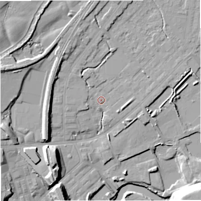 Shaded relief map of the ground around M262GJ, computed from Environment Agency LiDAR. The ground here sits at about 69 m above sea level and falls 22 m across the surrounding 800 m. Surface water reaching this point runs off ground lying to the north, 6.0 m higher.
