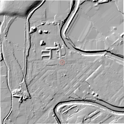 Shaded relief map of the ground around M262GL, computed from Environment Agency LiDAR. The ground here sits at about 68 m above sea level and falls 15 m across the surrounding 800 m. Surface water reaching this point runs off ground lying to the south, 0.6 m higher.