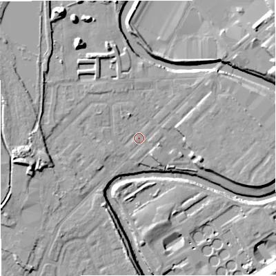 Shaded relief map of the ground around M262GN, computed from Environment Agency LiDAR. The ground here sits at about 66 m above sea level and falls 14 m across the surrounding 800 m. Surface water reaching this point runs off ground lying to the north-north-west, 2.1 m higher.