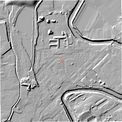 Shaded relief map of the ground around M262GP, computed from Environment Agency LiDAR. The ground here sits at about 68 m above sea level and falls 14 m across the surrounding 800 m. Surface water reaching this point runs off ground lying to the north-north-east, 1.4 m higher.