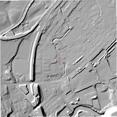 Shaded relief map of the ground around M262GQ, computed from Environment Agency LiDAR. The ground here sits at about 69 m above sea level and falls 24 m across the surrounding 800 m. Surface water reaching this point runs off ground lying to the north, 3.0 m higher.