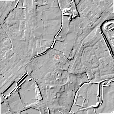 Shaded relief map of the ground around M262GR, computed from Environment Agency LiDAR. The ground here sits at about 68 m above sea level and falls 13 m across the surrounding 800 m. Surface water reaching this point runs off ground lying to the north, 4.6 m higher.