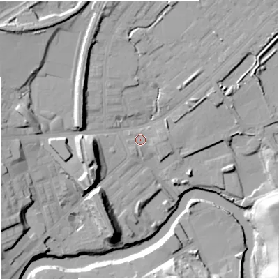 Shaded relief map of the ground around M262GU, computed from Environment Agency LiDAR. The ground here sits at about 66 m above sea level and falls 22 m across the surrounding 800 m. Surface water reaching this point runs off ground lying to the north-west, 15.2 m higher.