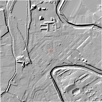 Shaded relief map of the ground around M262GW, computed from Environment Agency LiDAR. The ground here sits at about 67 m above sea level and falls 14 m across the surrounding 800 m. Surface water reaching this point runs off ground lying to the north-north-east, 1.9 m higher.