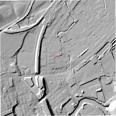 Shaded relief map of the ground around M262GX, computed from Environment Agency LiDAR. The ground here sits at about 68 m above sea level and falls 23 m across the surrounding 800 m. Surface water reaching this point runs off ground lying to the north, 1.9 m higher.