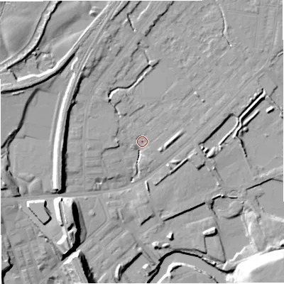 Shaded relief map of the ground around M262GZ, computed from Environment Agency LiDAR. The ground here sits at about 68 m above sea level and falls 21 m across the surrounding 800 m. Surface water reaching this point runs off ground lying to the north, 6.7 m higher.
