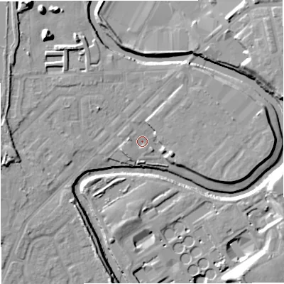 Shaded relief map of the ground around M262HF, computed from Environment Agency LiDAR. The ground here sits at about 66 m above sea level and falls 15 m across the surrounding 800 m. Surface water reaching this point runs off ground lying to the north-north-east, 3.3 m higher.