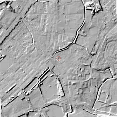 Shaded relief map of the ground around M262JG, computed from Environment Agency LiDAR. The ground here sits at about 69 m above sea level and falls 17 m across the surrounding 800 m. Surface water reaching this point runs off ground lying to the north, 3.5 m higher.