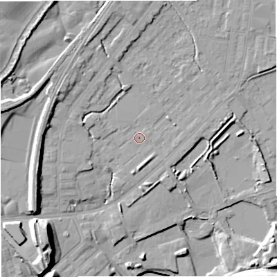 Shaded relief map of the ground around M262ND, computed from Environment Agency LiDAR. The ground here sits at about 69 m above sea level and falls 22 m across the surrounding 800 m. Surface water reaching this point runs off ground lying to the north, 3.4 m higher.
