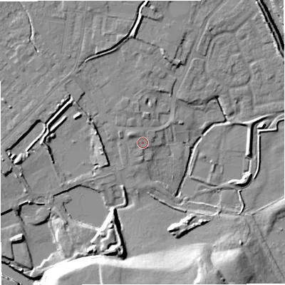 Shaded relief map of the ground around M262PB, computed from Environment Agency LiDAR. The ground here sits at about 68 m above sea level and falls 24 m across the surrounding 800 m. Surface water reaching this point runs off ground lying to the west-north-west, 2.2 m higher.