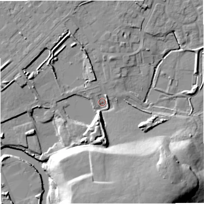 Shaded relief map of the ground around M262PF, computed from Environment Agency LiDAR. The ground here sits at about 66 m above sea level and falls 25 m across the surrounding 800 m. Surface water reaching this point runs off ground lying to the south, 11.0 m higher.