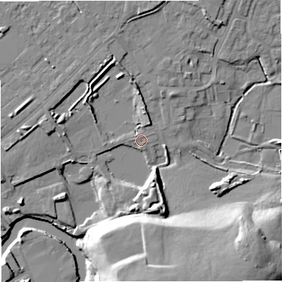 Shaded relief map of the ground around M262PG, computed from Environment Agency LiDAR. The ground here sits at about 67 m above sea level and falls 25 m across the surrounding 800 m. Surface water reaching this point runs off ground lying to the north-north-east, 2.5 m higher.