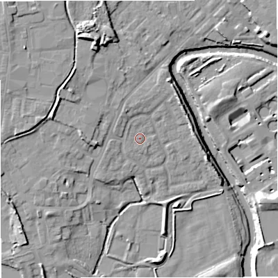 Shaded relief map of the ground around M262PJ, computed from Environment Agency LiDAR. The ground here sits at about 67 m above sea level and falls 14 m across the surrounding 800 m. Surface water reaching this point runs off ground lying to the west, 0.8 m higher.