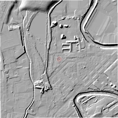 Shaded relief map of the ground around M262PL, computed from Environment Agency LiDAR. The ground here sits at about 68 m above sea level and falls 15 m across the surrounding 800 m. Surface water reaching this point runs off ground lying to the north-north-west, 9.7 m higher.