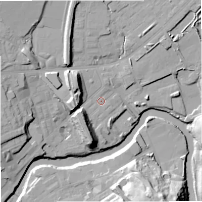 Shaded relief map of the ground around M262PN, computed from Environment Agency LiDAR. The ground here sits at about 66 m above sea level and falls 35 m across the surrounding 800 m. Surface water reaching this point runs off ground lying to the west-south-west, 11.4 m higher.
