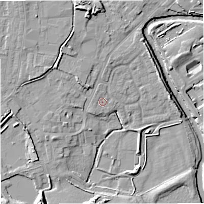 Shaded relief map of the ground around M262PP, computed from Environment Agency LiDAR. The ground here sits at about 67 m above sea level and falls 14 m across the surrounding 800 m. Surface water reaching this point runs off ground lying to the north-north-west, 1.5 m higher.