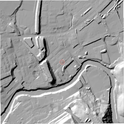 Shaded relief map of the ground around M262PQ, computed from Environment Agency LiDAR. The ground here sits at about 66 m above sea level and falls 37 m across the surrounding 800 m. Surface water reaching this point runs off ground lying to the south-west, 12.9 m higher.