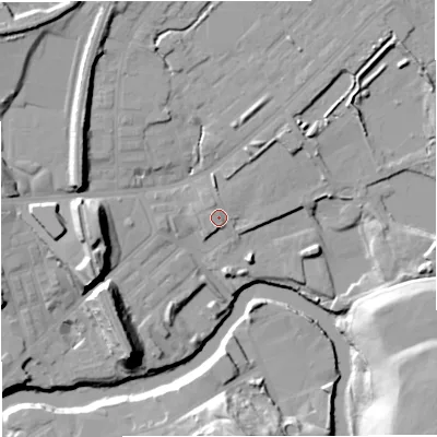 Shaded relief map of the ground around M262PS, computed from Environment Agency LiDAR. The ground here sits at about 67 m above sea level and falls 24 m across the surrounding 800 m. Surface water reaching this point runs off ground lying to the north-east, 5.4 m higher.