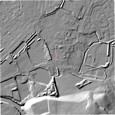Shaded relief map of the ground around M262PT, computed from Environment Agency LiDAR. The ground here sits at about 68 m above sea level and falls 24 m across the surrounding 800 m. Surface water reaching this point runs off ground lying to the north-west, 3.3 m higher.