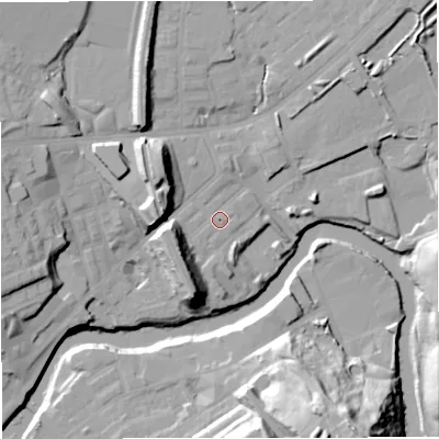 Shaded relief map of the ground around M262PW, computed from Environment Agency LiDAR. The ground here sits at about 66 m above sea level and falls 37 m across the surrounding 800 m. Surface water reaching this point runs off ground lying to the west-south-west, 11.4 m higher.