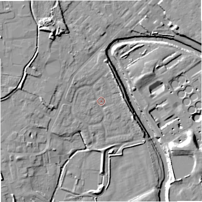 Shaded relief map of the ground around M262PX, computed from Environment Agency LiDAR. The ground here sits at about 66 m above sea level and falls 14 m across the surrounding 800 m. Surface water reaching this point runs off ground lying to the north-west, 3.2 m higher.