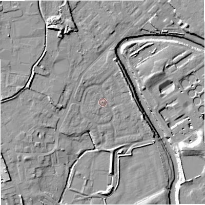 Shaded relief map of the ground around M262PZ, computed from Environment Agency LiDAR. The ground here sits at about 67 m above sea level and falls 14 m across the surrounding 800 m. Surface water reaching this point runs off ground lying to the north-west, 2.9 m higher.