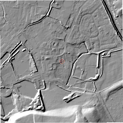 Shaded relief map of the ground around M262QA, computed from Environment Agency LiDAR. The ground here sits at about 66 m above sea level and falls 24 m across the surrounding 800 m. Surface water reaching this point runs off ground lying to the west, 4.6 m higher.