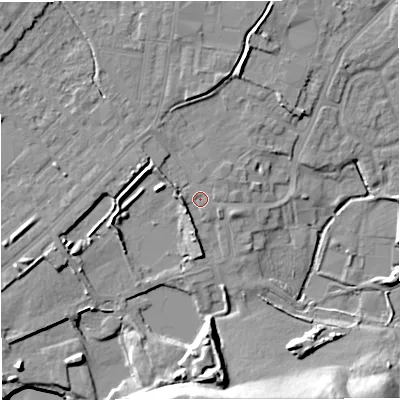 Shaded relief map of the ground around M262QB, computed from Environment Agency LiDAR. The ground here sits at about 68 m above sea level and falls 20 m across the surrounding 800 m. Surface water reaching this point runs off ground lying to the west-north-west, 3.4 m higher.