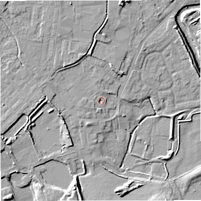 Shaded relief map of the ground around M262QD, computed from Environment Agency LiDAR. The ground here sits at about 67 m above sea level and falls 13 m across the surrounding 800 m. Surface water reaching this point runs off ground lying to the north, 5.4 m higher.