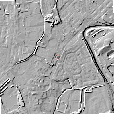 Shaded relief map of the ground around M262QE, computed from Environment Agency LiDAR. The ground here sits at about 68 m above sea level and falls 14 m across the surrounding 800 m. Surface water reaching this point runs off ground lying to the north-west, 4.9 m higher.