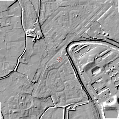 Shaded relief map of the ground around M262QF, computed from Environment Agency LiDAR. The ground here sits at about 68 m above sea level and falls 14 m across the surrounding 800 m. Surface water reaching this point runs off ground lying to the south-west, 0.8 m higher.