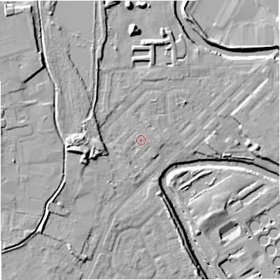 Shaded relief map of the ground around M262QG, computed from Environment Agency LiDAR. The ground here sits at about 68 m above sea level and falls 14 m across the surrounding 800 m. Surface water reaching this point runs off ground lying to the west, 6.1 m higher.