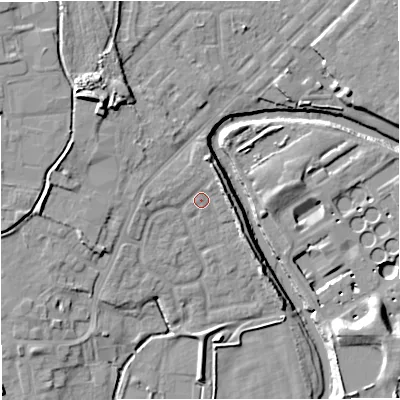 Shaded relief map of the ground around M262QH, computed from Environment Agency LiDAR. The ground here sits at about 67 m above sea level and falls 14 m across the surrounding 800 m. Surface water reaching this point runs off ground lying to the north-north-east, 3.1 m higher.
