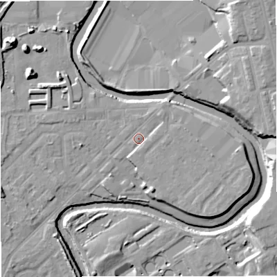 Shaded relief map of the ground around M262QJ, computed from Environment Agency LiDAR. The ground here sits at about 68 m above sea level and falls 15 m across the surrounding 800 m. Surface water reaching this point runs off ground lying to the north-east, 1.7 m higher.