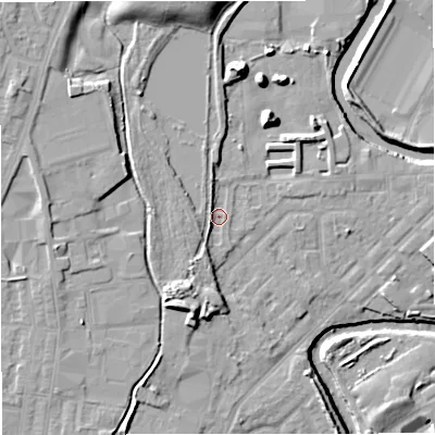 Shaded relief map of the ground around M262QL, computed from Environment Agency LiDAR. The ground here sits at about 68 m above sea level and falls 15 m across the surrounding 800 m. Surface water reaching this point runs off ground lying to the south-south-west, 4.1 m higher.
