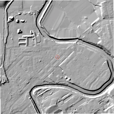 Shaded relief map of the ground around M262QN, computed from Environment Agency LiDAR. The ground here sits at about 68 m above sea level and falls 16 m across the surrounding 800 m. Surface water reaching this point runs off ground lying to the north-north-east, 1.0 m higher.