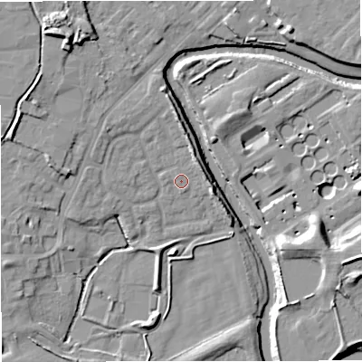Shaded relief map of the ground around M262QP, computed from Environment Agency LiDAR. The ground here sits at about 66 m above sea level and falls 14 m across the surrounding 800 m. Surface water reaching this point runs off ground lying to the north-east, 3.8 m higher.