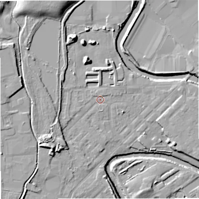 Shaded relief map of the ground around M262QQ, computed from Environment Agency LiDAR. The ground here sits at about 68 m above sea level and falls 15 m across the surrounding 800 m. Surface water reaching this point runs off ground lying to the north-north-east, 1.0 m higher.