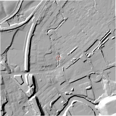 Shaded relief map of the ground around M262QR, computed from Environment Agency LiDAR. The ground here sits at about 67 m above sea level and falls 21 m across the surrounding 800 m. Surface water reaching this point runs off ground lying to the north, 6.5 m higher.