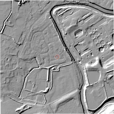 Shaded relief map of the ground around M262QS, computed from Environment Agency LiDAR. The ground here sits at about 65 m above sea level and falls 15 m across the surrounding 800 m. Surface water reaching this point runs off ground lying to the north, 5.4 m higher.