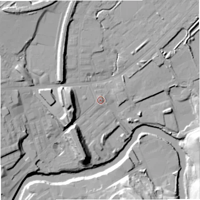 Shaded relief map of the ground around M262QU, computed from Environment Agency LiDAR. The ground here sits at about 67 m above sea level and falls 25 m across the surrounding 800 m. Surface water reaching this point runs off ground lying to the north-west, 1.6 m higher.