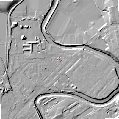 Shaded relief map of the ground around M262QW, computed from Environment Agency LiDAR. The ground here sits at about 67 m above sea level and falls 16 m across the surrounding 800 m. Surface water reaching this point runs off ground lying to the east-north-east, 0.9 m higher.