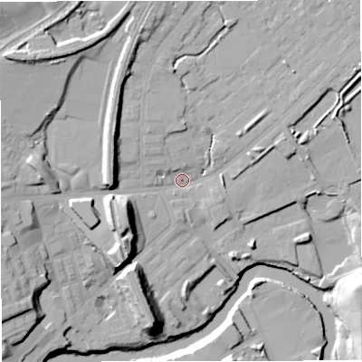 Shaded relief map of the ground around M262QX, computed from Environment Agency LiDAR. The ground here sits at about 65 m above sea level and falls 22 m across the surrounding 800 m. Surface water reaching this point runs off ground lying to the north-west, 14.5 m higher.
