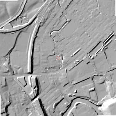 Shaded relief map of the ground around M262QY, computed from Environment Agency LiDAR. The ground here sits at about 68 m above sea level and falls 21 m across the surrounding 800 m. Surface water reaching this point runs off ground lying to the north, 5.3 m higher.