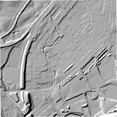 Shaded relief map of the ground around M262RA, computed from Environment Agency LiDAR. The ground here sits at about 69 m above sea level and falls 22 m across the surrounding 800 m. Surface water reaching this point runs off ground lying to the north-north-west, 5.6 m higher.