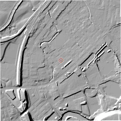 Shaded relief map of the ground around M262RB, computed from Environment Agency LiDAR. The ground here sits at about 69 m above sea level and falls 21 m across the surrounding 800 m. Surface water reaching this point runs off ground lying to the north-north-west, 5.6 m higher.