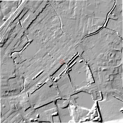 Shaded relief map of the ground around M262RF, computed from Environment Agency LiDAR. The ground here sits at about 70 m above sea level and falls 16 m across the surrounding 800 m. Surface water reaching this point runs off ground lying to the south-south-west, 3.7 m higher.