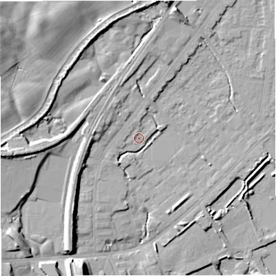 Shaded relief map of the ground around M262RL, computed from Environment Agency LiDAR. The ground here sits at about 70 m above sea level and falls 21 m across the surrounding 800 m. Surface water reaching this point runs off ground lying to the north, 1.3 m higher.